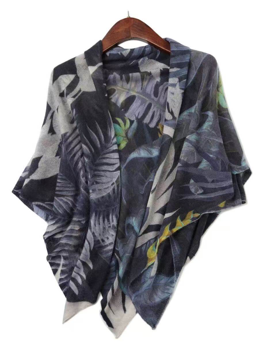 100% cashmere printed square scarf in charcoal grey botanical pattern