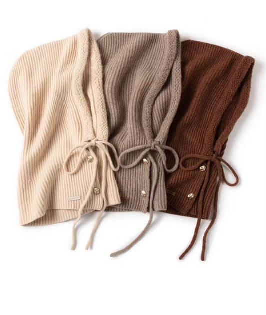 100% cashmere ribbed balaclava for women with gold button closure
