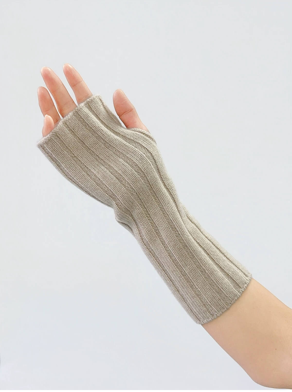 women's cashmere fingerless gloves with rib knit in sand beige 