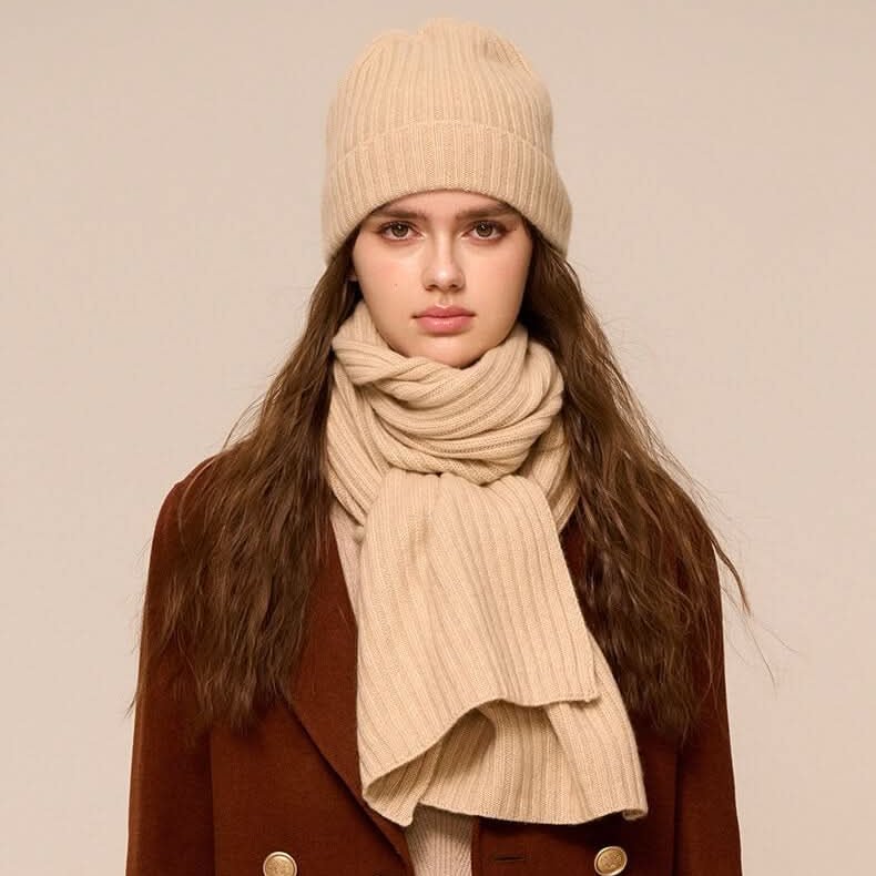 women's cashmere beanies and scarf set in beige color, winter must have,100% pure cashmere hat scarf combo
