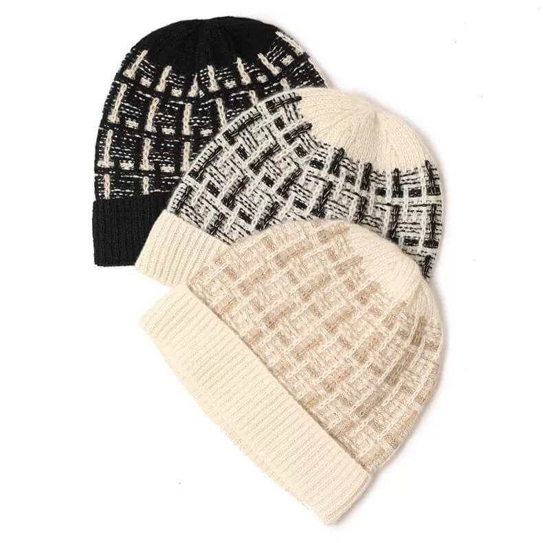 Luxury 100% cashmere check pattern beanie with silver thread accents