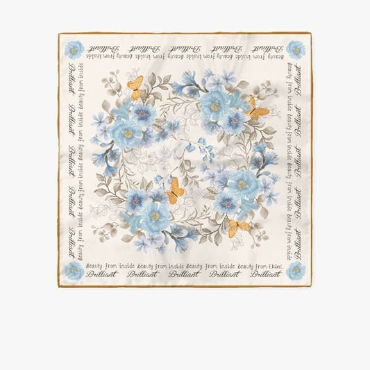 Light blue floral mulberry silk twill scarf with yellow butterfly print