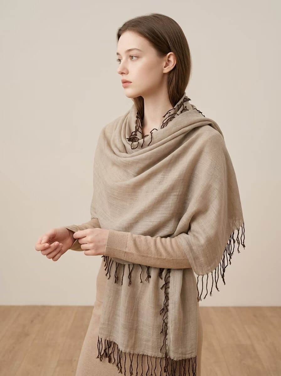 	100 percent cashmere thin shawl with fringe