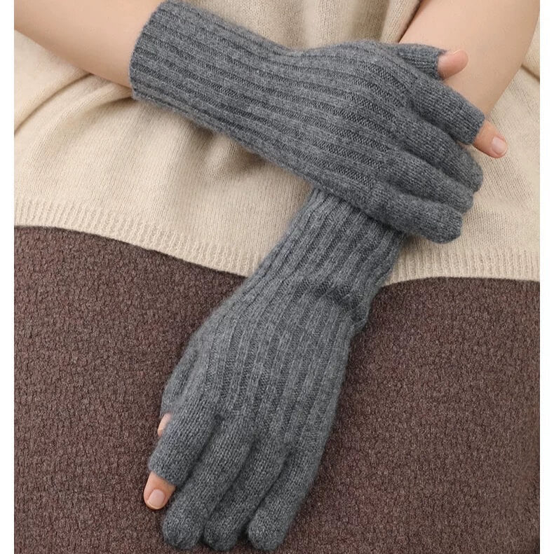 100% Cashmere Long Fingerless Gloves – Ribbed Cuffs, Touch-Friendly Design in grey color