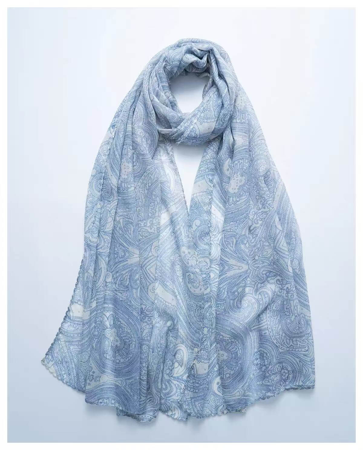 100% pure cashmere lightweight blue paisley shawl for women