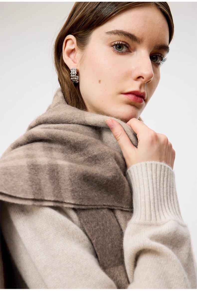 Beige and deep camel cashmere check stole for women