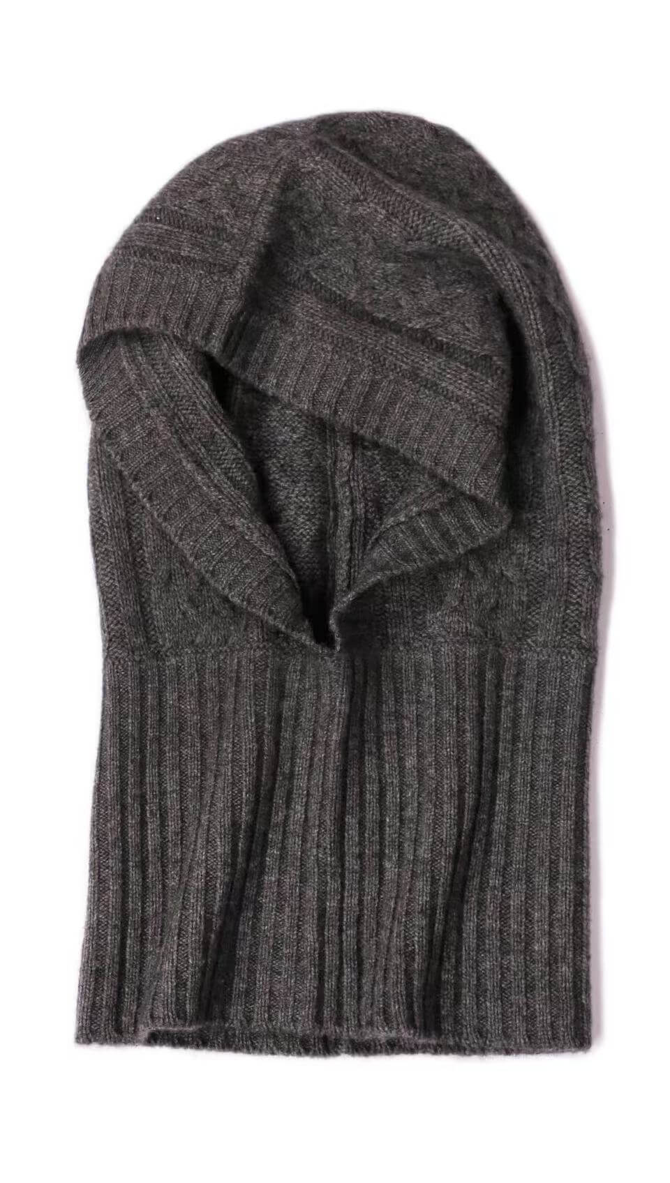 A dark gray ribbed knit cashmere Balaclava beanie hat with a folded cuff