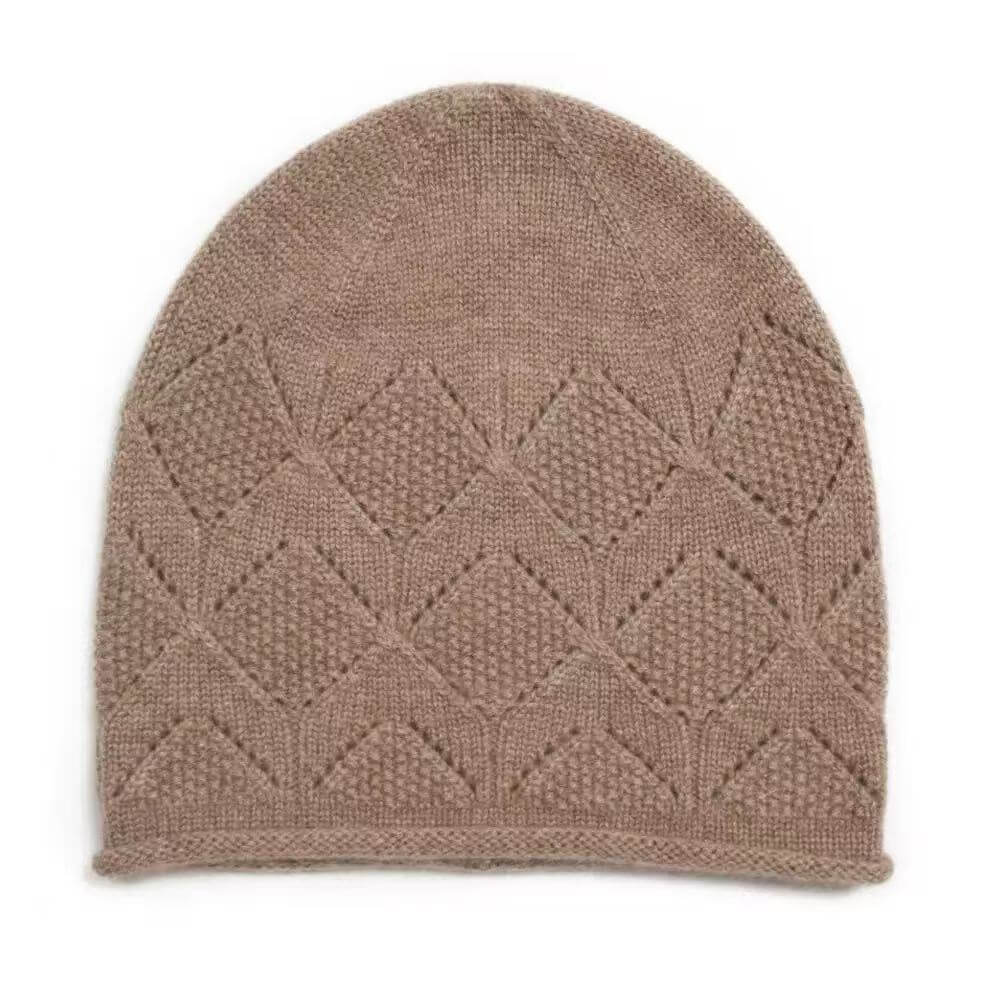 A taupe knit cashmere beanie hat featuring a textured geometric diamond pattern