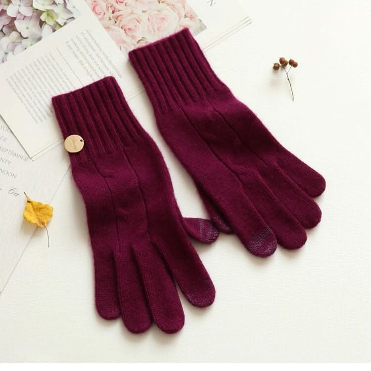 Women's 100% Pure Cashmere Cable Knit Gloves in Angora wine red