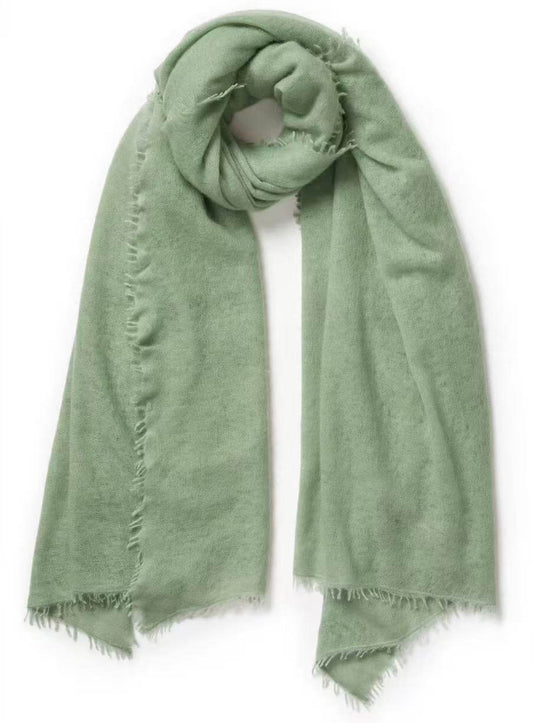 Apple green 100% cashmere sequin scarf wrap with hand-twisted fringe, oversized 200 × 80 cm shawl.
