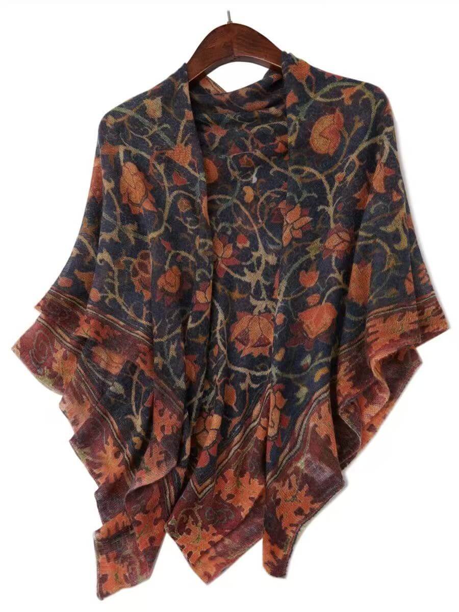 Autumn orange 100% cashmere scarf with floral and botanical print