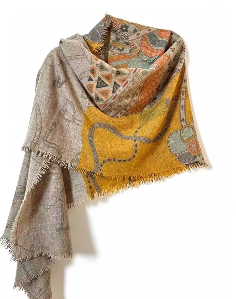 Fringed cashmere scarf for women with colorful equestrian print