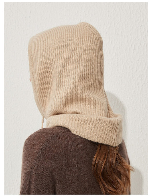 Beige 100% Cashmere Balaclava for Women – Lightweight Knit Cashmere Hood Scarf for Winter and Travel
