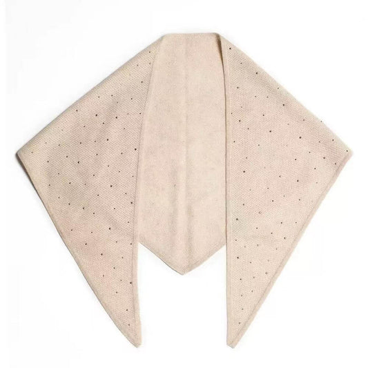Beige 100% cashmere triangle scarf with subtle sparkling rhinestone accents and a soft, elegant drape.