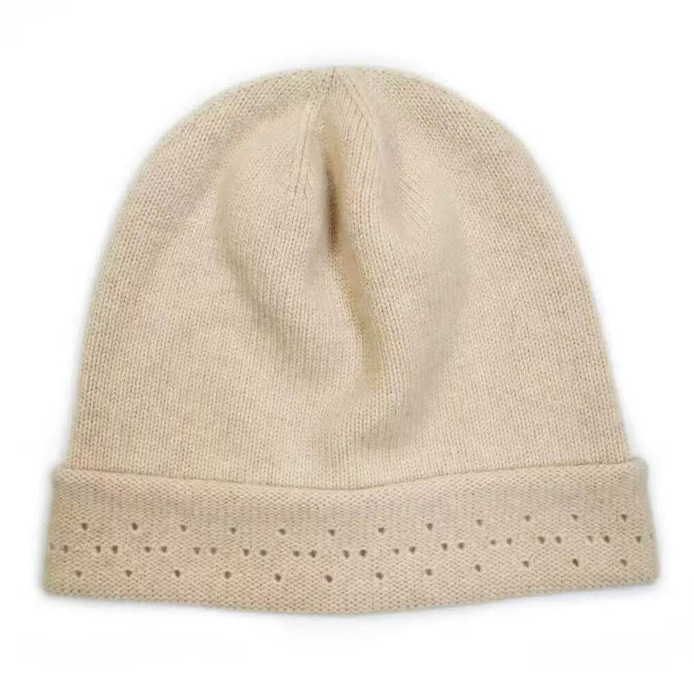 Beige pure cashmere knitted winter hat for women