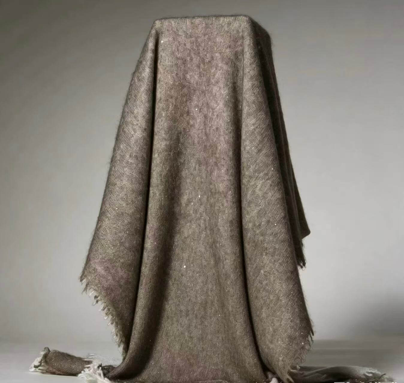 Beige pure cashmere sequin shawl with soft fringed edges