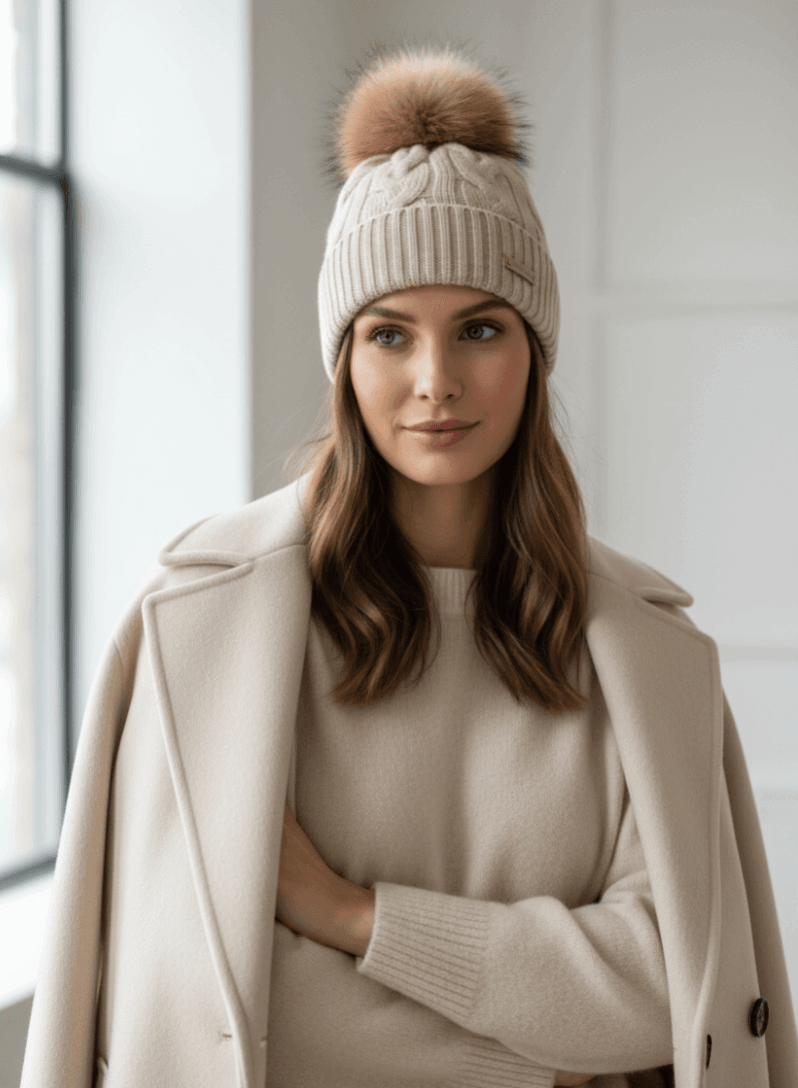 Beige women's 100% pure cashmere cable knit beanie, soft luxury winter hat in premium Inner Mongolian cashmere for travel and everyday wear