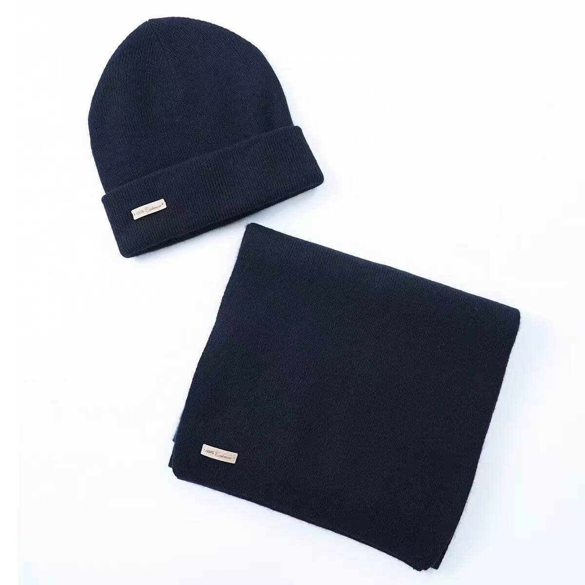 Black 100% cashmere beanie and scarf set for women