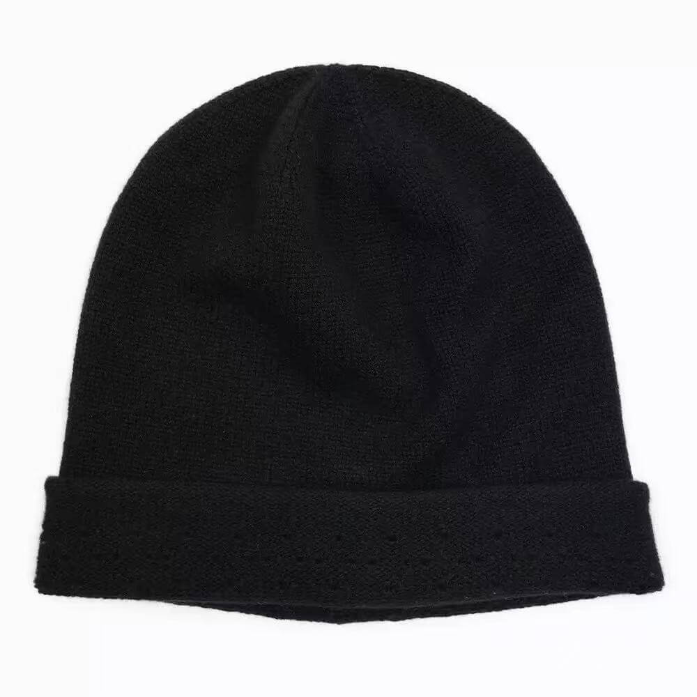 Black 100% cashmere openwork knit winter beanie for women