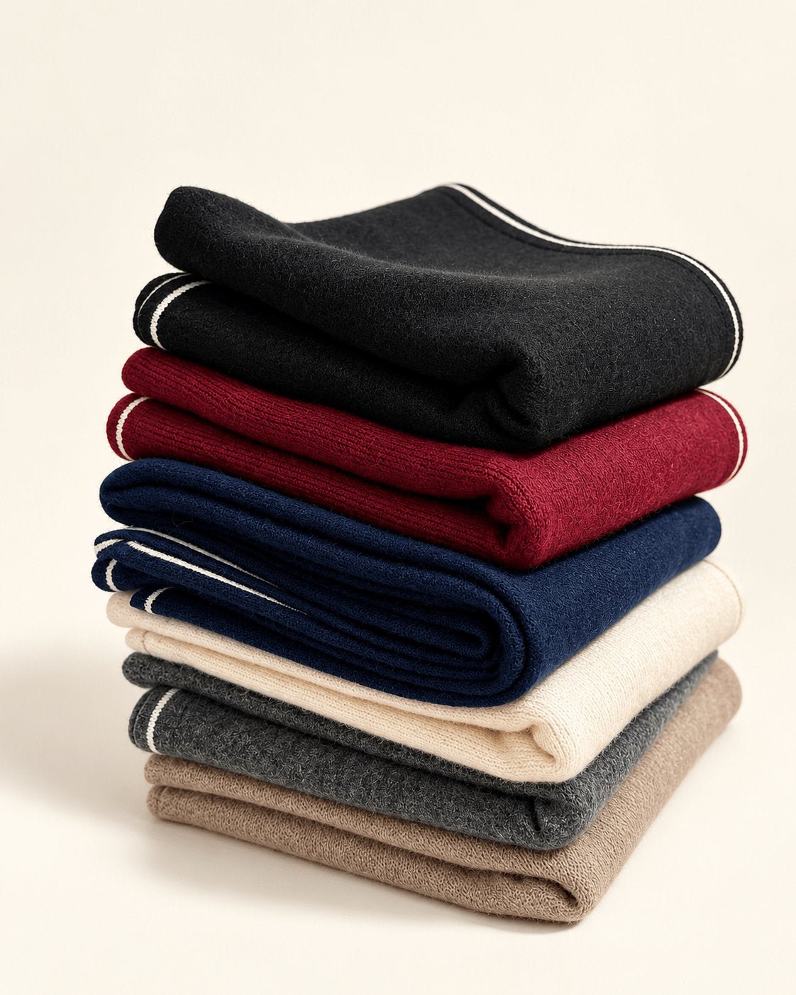 Black 100% cashmere square scarf laid flat on a neutral background, featuring a minimalist white double-stripe border.