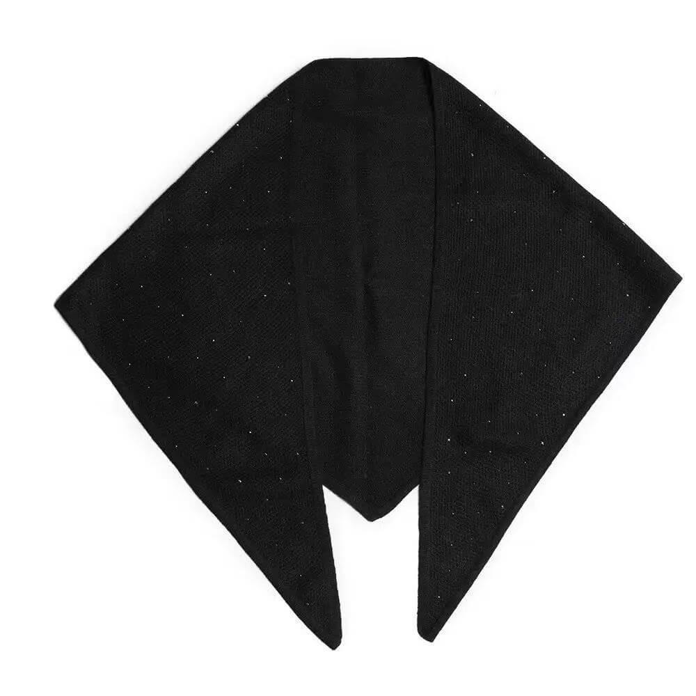 Black 100% cashmere triangle scarf with delicate rhinestone embellishments, an elegant accessory for day-to-evening styling.