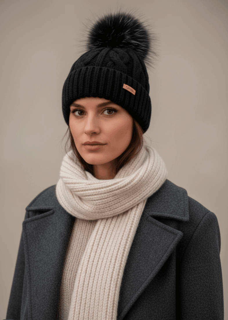 Black women's 100% pure cashmere cable knit beanie, luxury winter hat made from premium Inner Mongolian cashmere for timeless cold-weather style