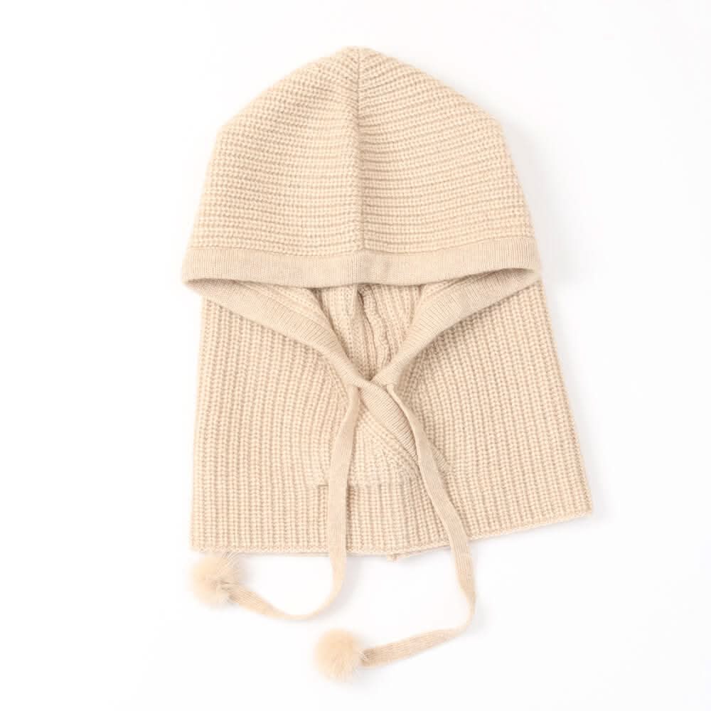 Women's cashmere ribbed Hoodied Balaclava hats in sand beige color