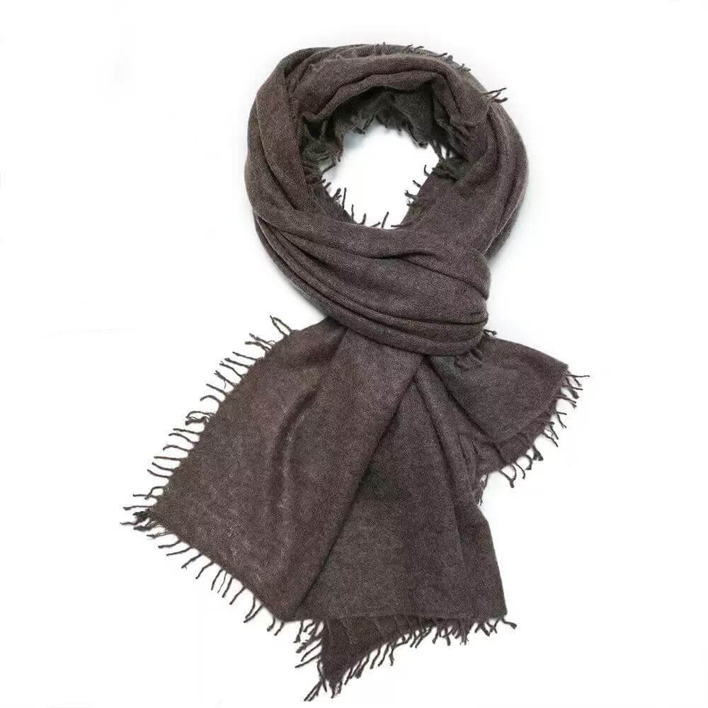 Brown 100% cashmere scarf with soft fluffy fringed finish