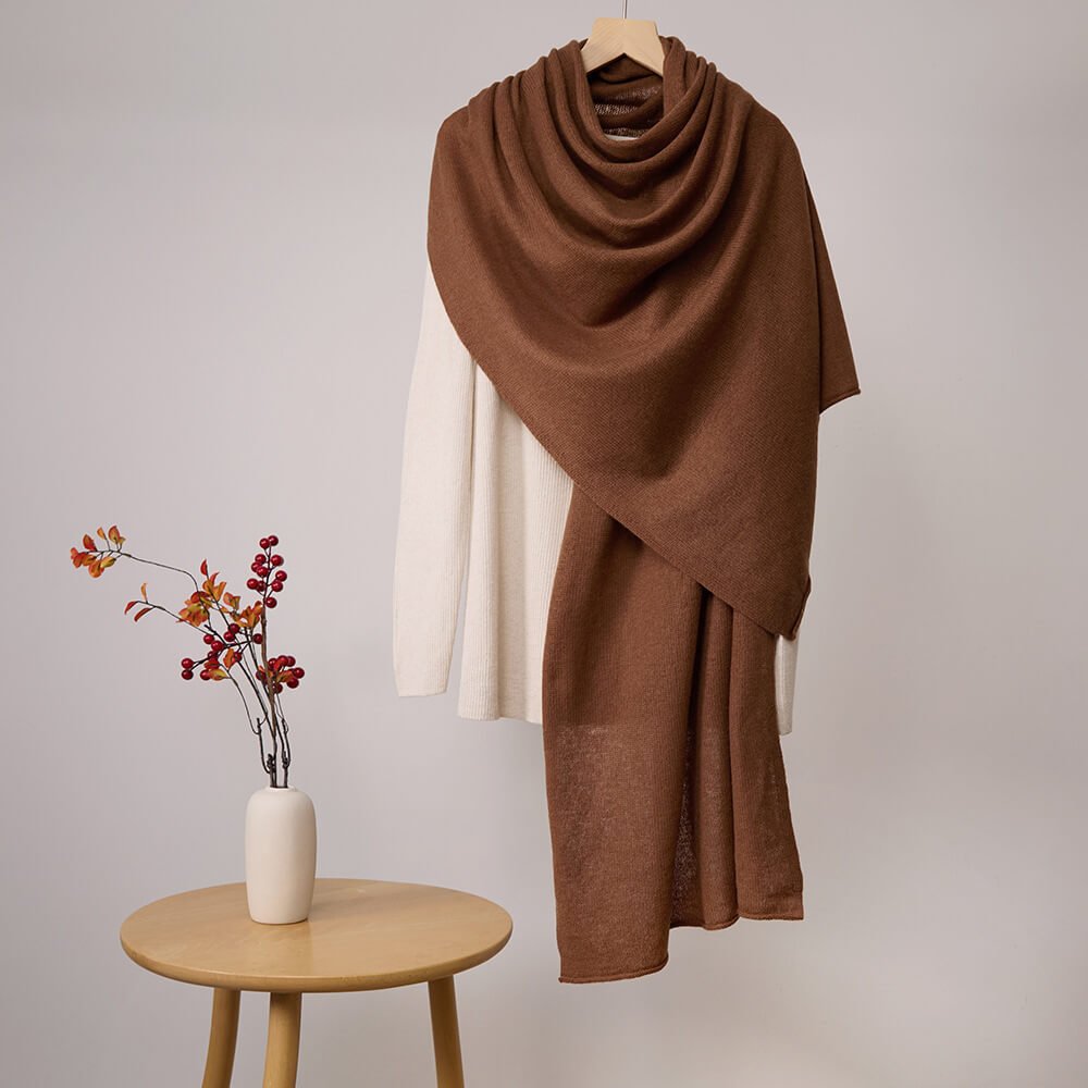 Women's cashmere brown scarf shawl,Soft solid [color] 100% cashmere scarf with an elegant drape, featuring a basic knit stitch.