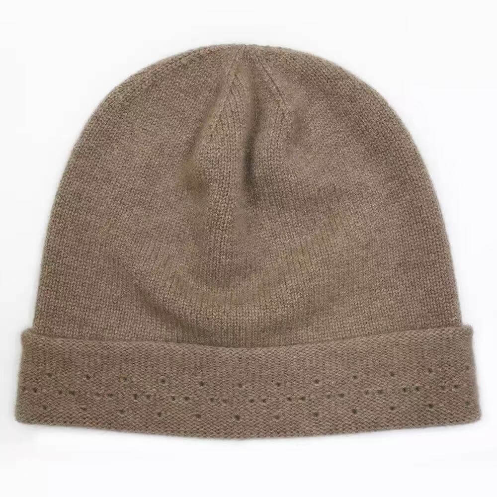 Camel 100% cashmere beanie with delicate openwork knit pattern