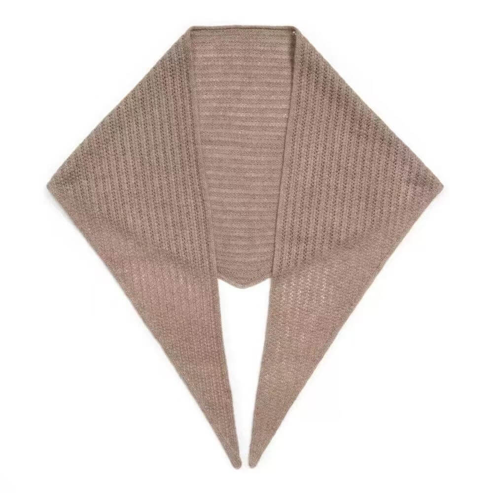Camel 100% cashmere knitted triangle scarf with openwork pattern