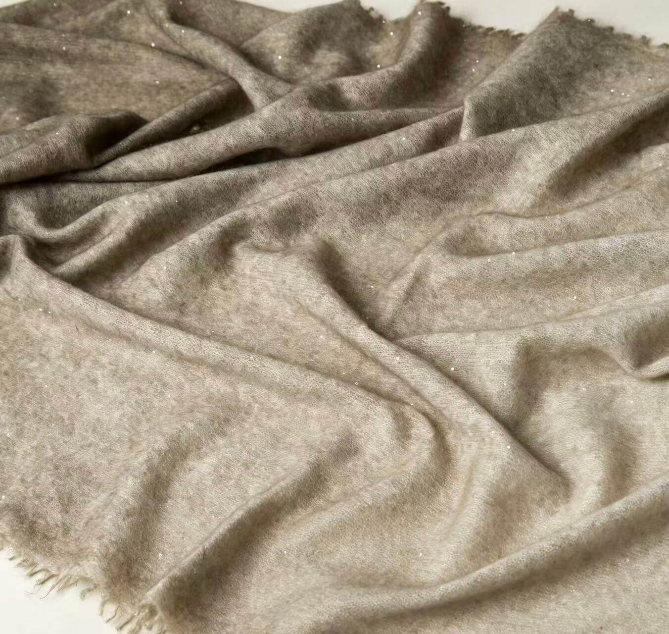 Camel beige 100% cashmere shawl with delicate sequin embellishment