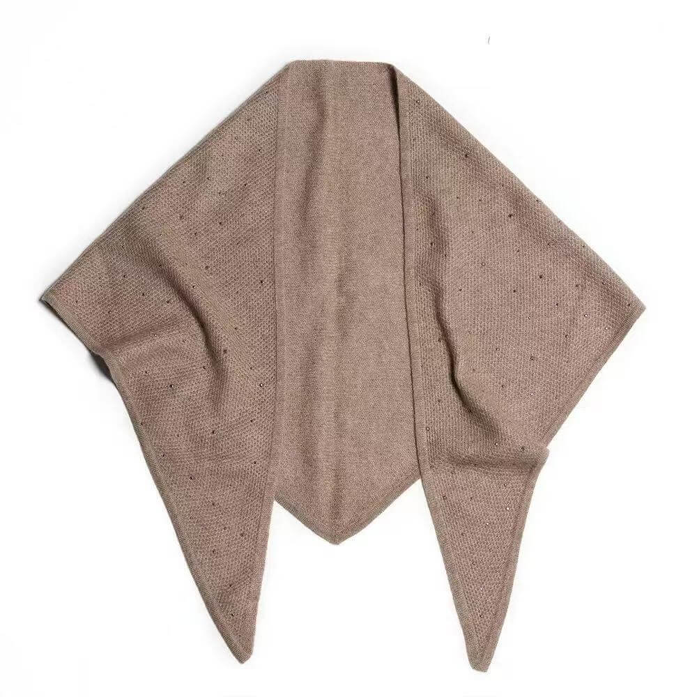 Camel cashmere triangle neck scarf decorated with tiny heat-set rhinestones, combining warmth and understated elegance.