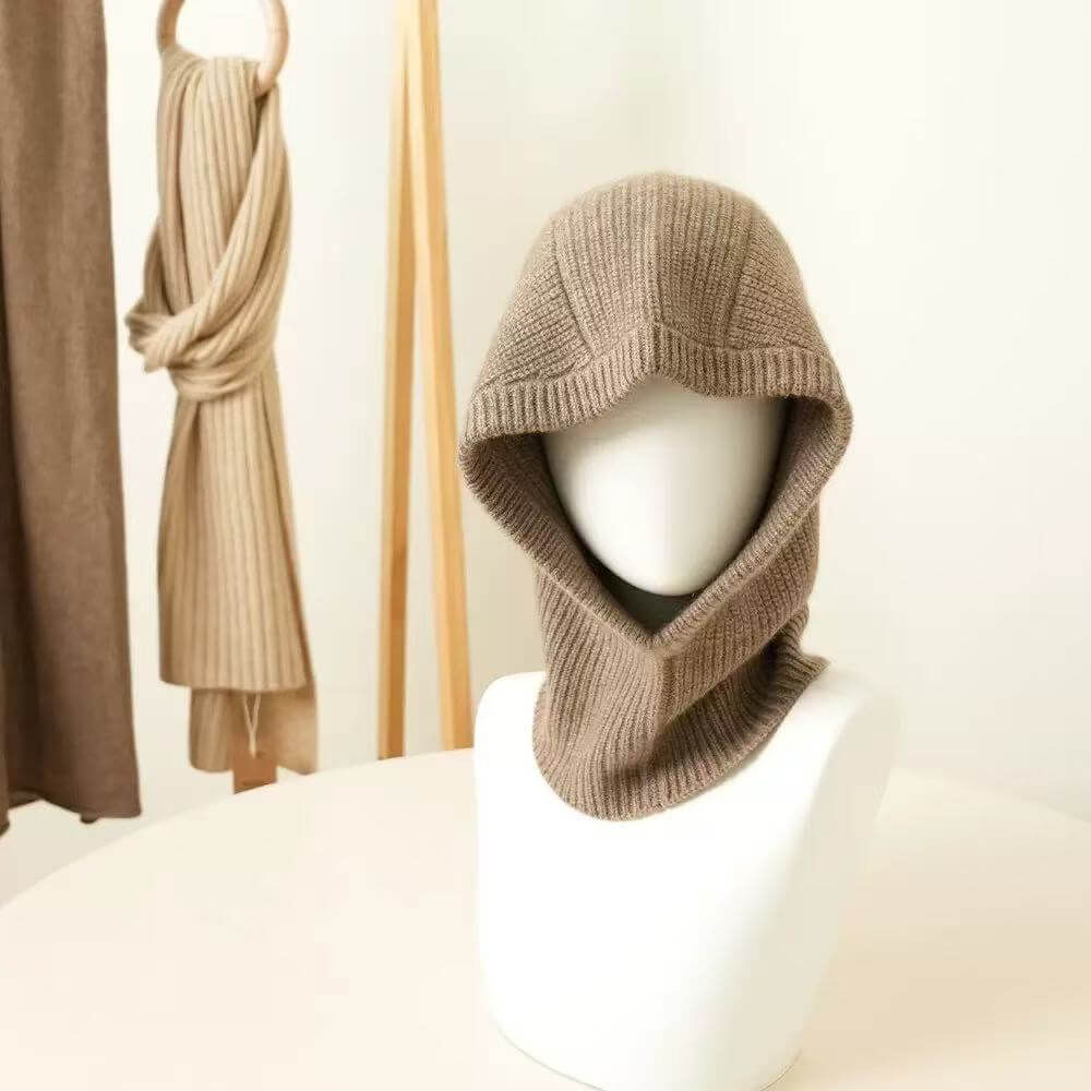 Camel pure cashmere balaclava knit hood for women