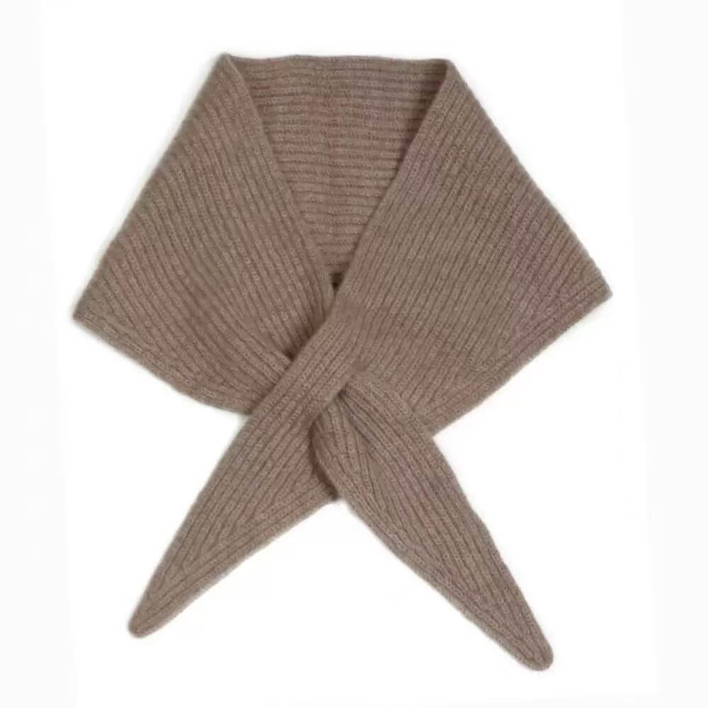Camel pure cashmere petite triangle neck scarf with ribbed knit