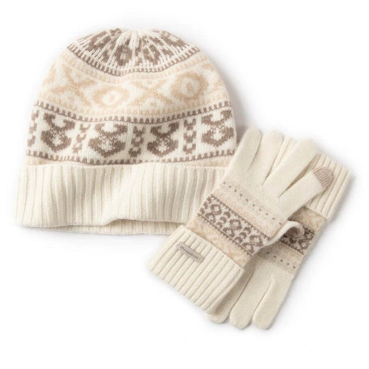 100% Cashmere Fair Isle Knit Hat And Glove Set for Women in pure white