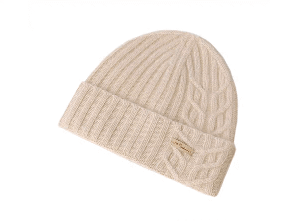 100% cashmere rib-knit hat with side cable detail in beige