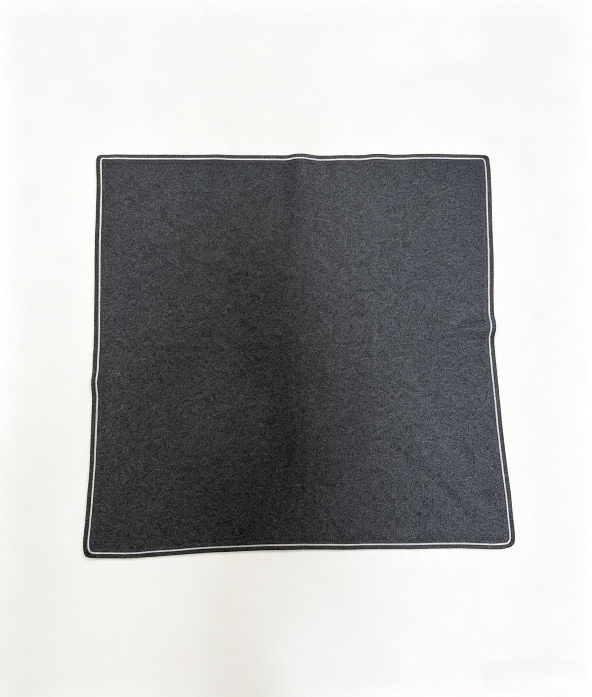 Charcoal gray 100% cashmere square scarf with refined white double-stripe trim, displayed in soft folds.