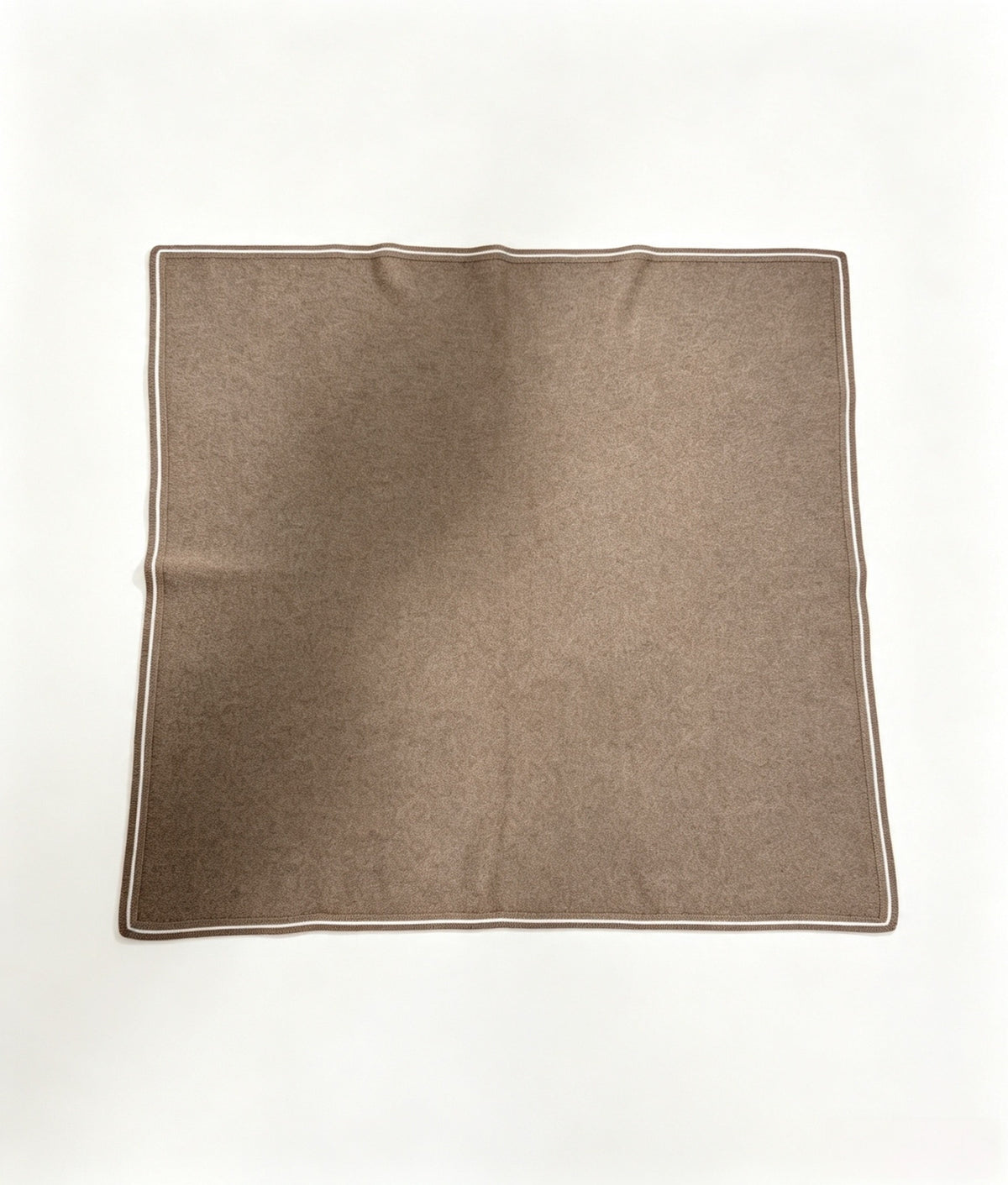 Classic camel cashmere square scarf with contrasting ivory double-stripe border and soft knitted texture.