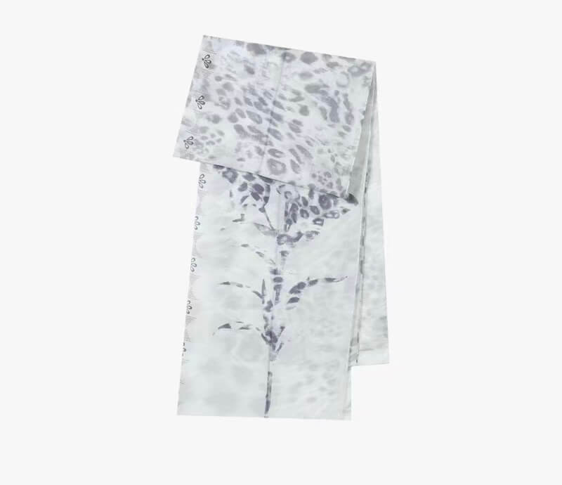 Light grey white silk leopard scarf with airy chiffon texture