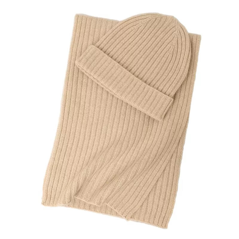 Women’s 100% Cashmere Ribbed Scarf and Hat Set in beige color ,Vinci Cashmere women’s ribbed beanie and scarf set