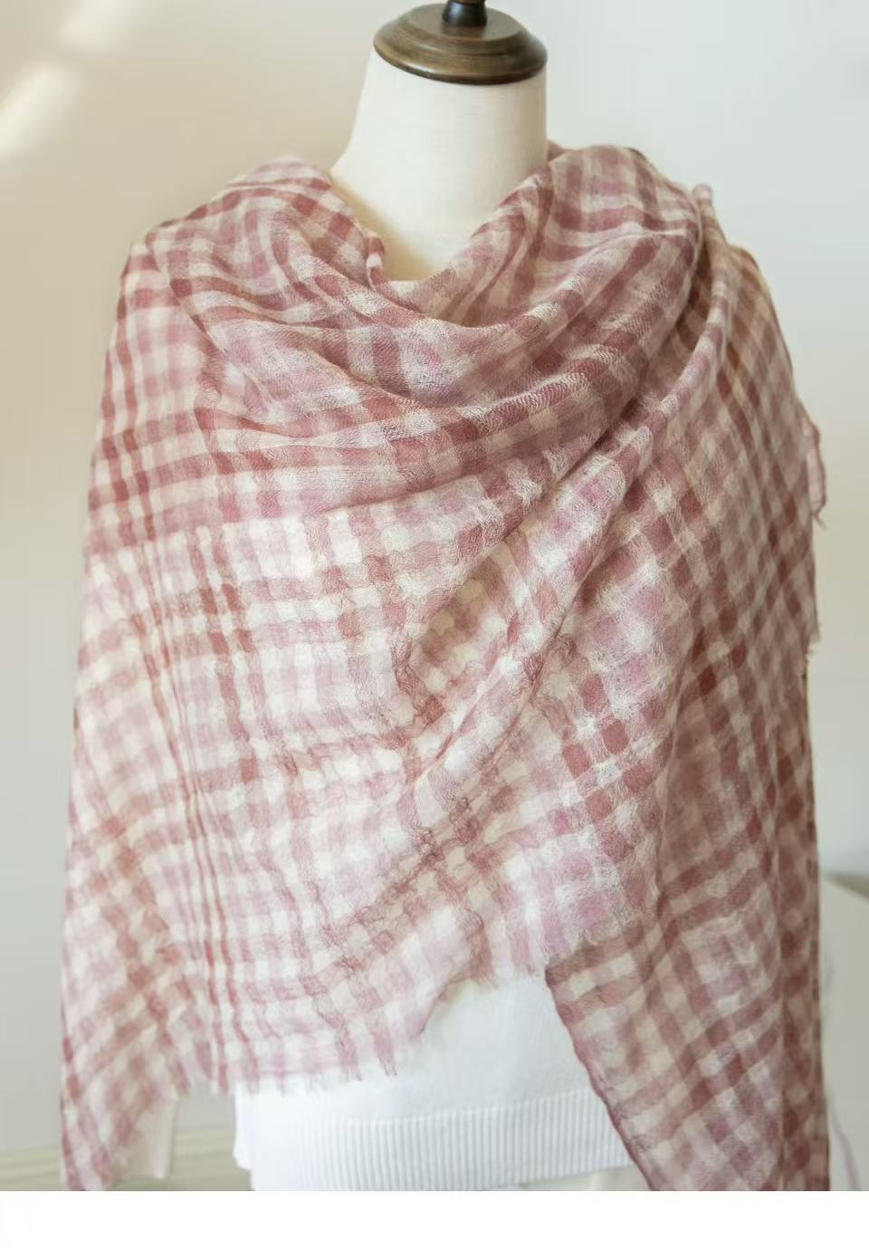 Featherlight 100% cashmere shawl in plaid pattern, ultra-light 60g wrap scarf 