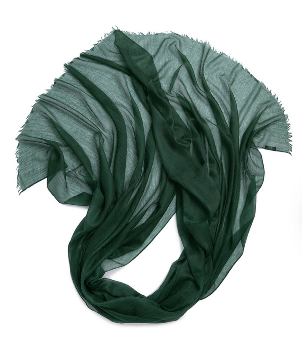Forest green featherweight cashmere scarf with an airy, softly layered appearance