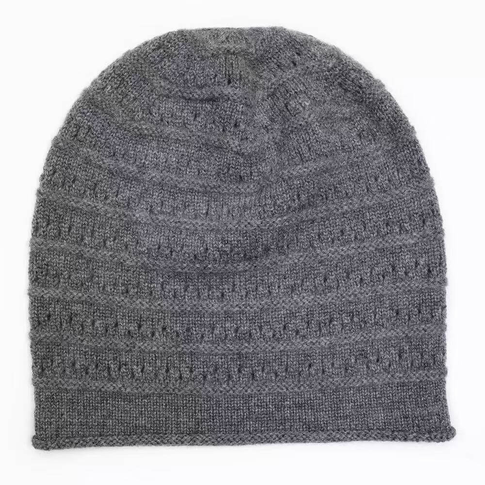Gray 100% cashmere pointelle beanie with horizontal knit texture