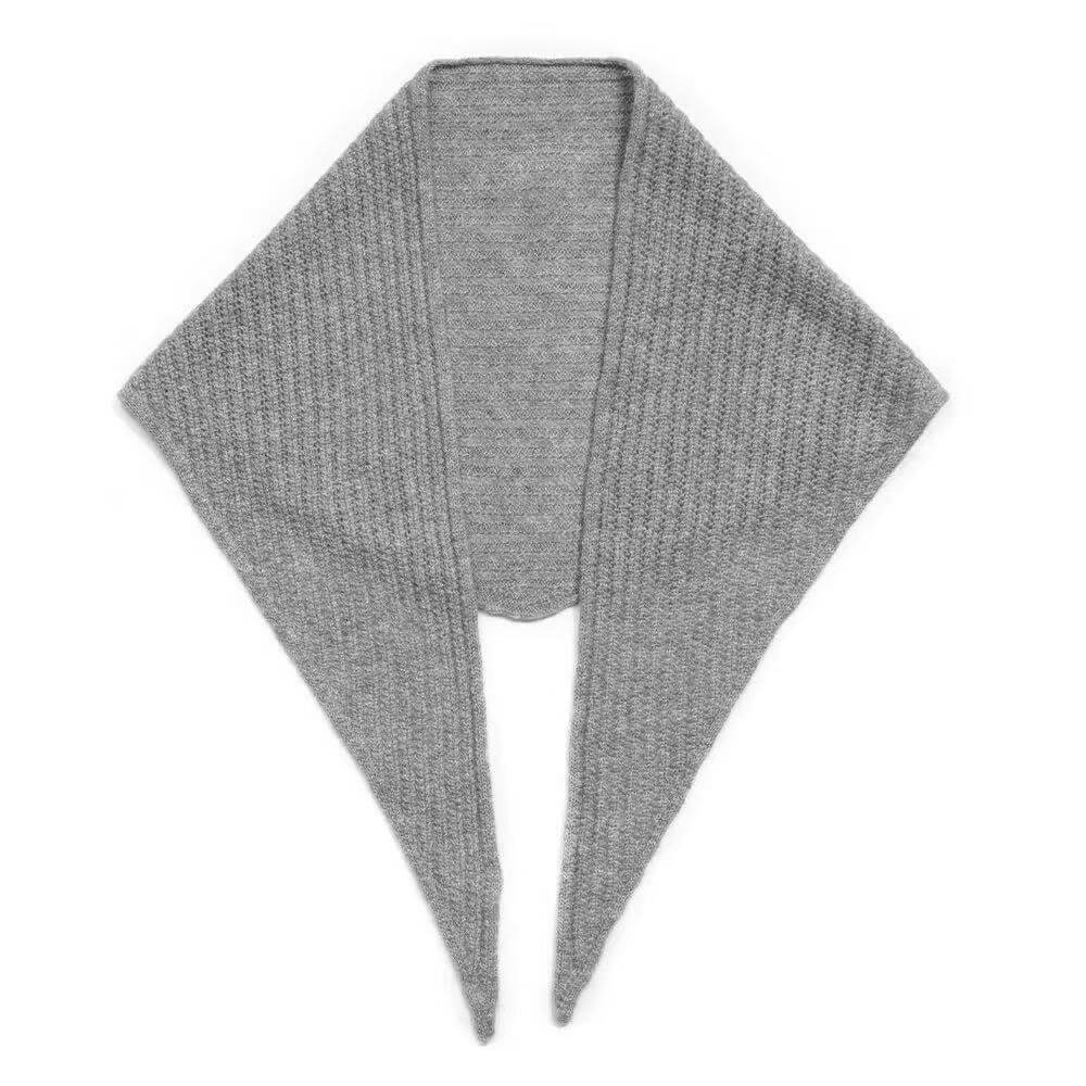 Grey 100% cashmere knitted triangle scarf with lightweight openwork pattern