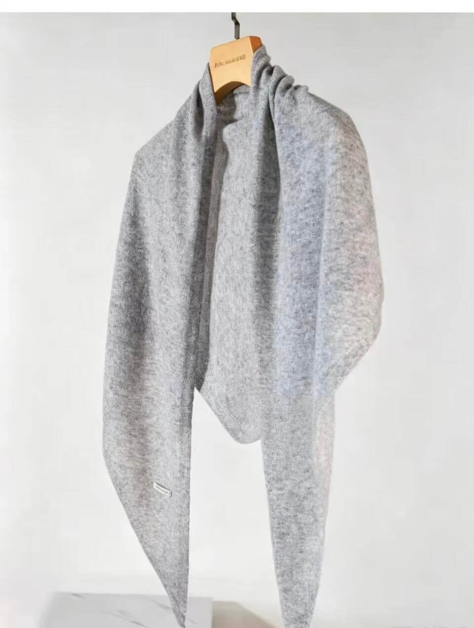 Grey cashmere triangle scarf with silver metallic thread and subtle shimmer