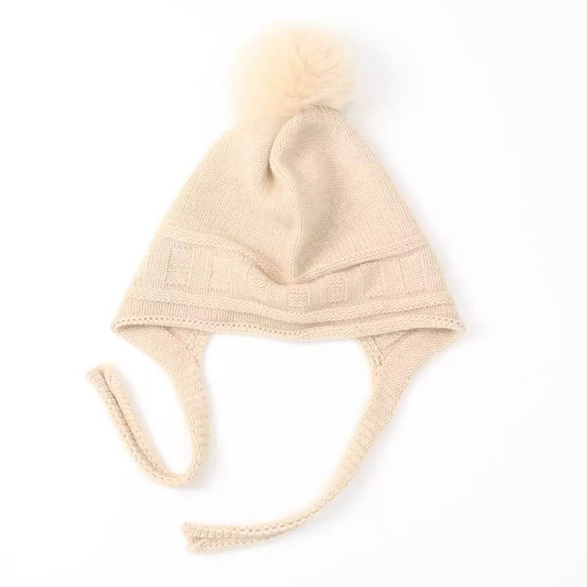 Women’s 100% pure cashmere earflap beanie hat with pom pom and tie straps