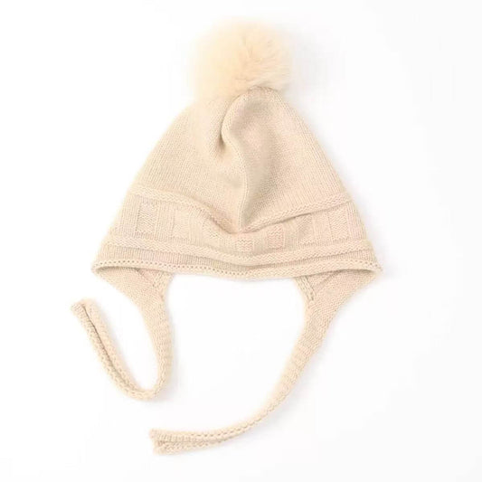 Women’s 100% pure cashmere earflap beanie hat with pom pom and tie straps