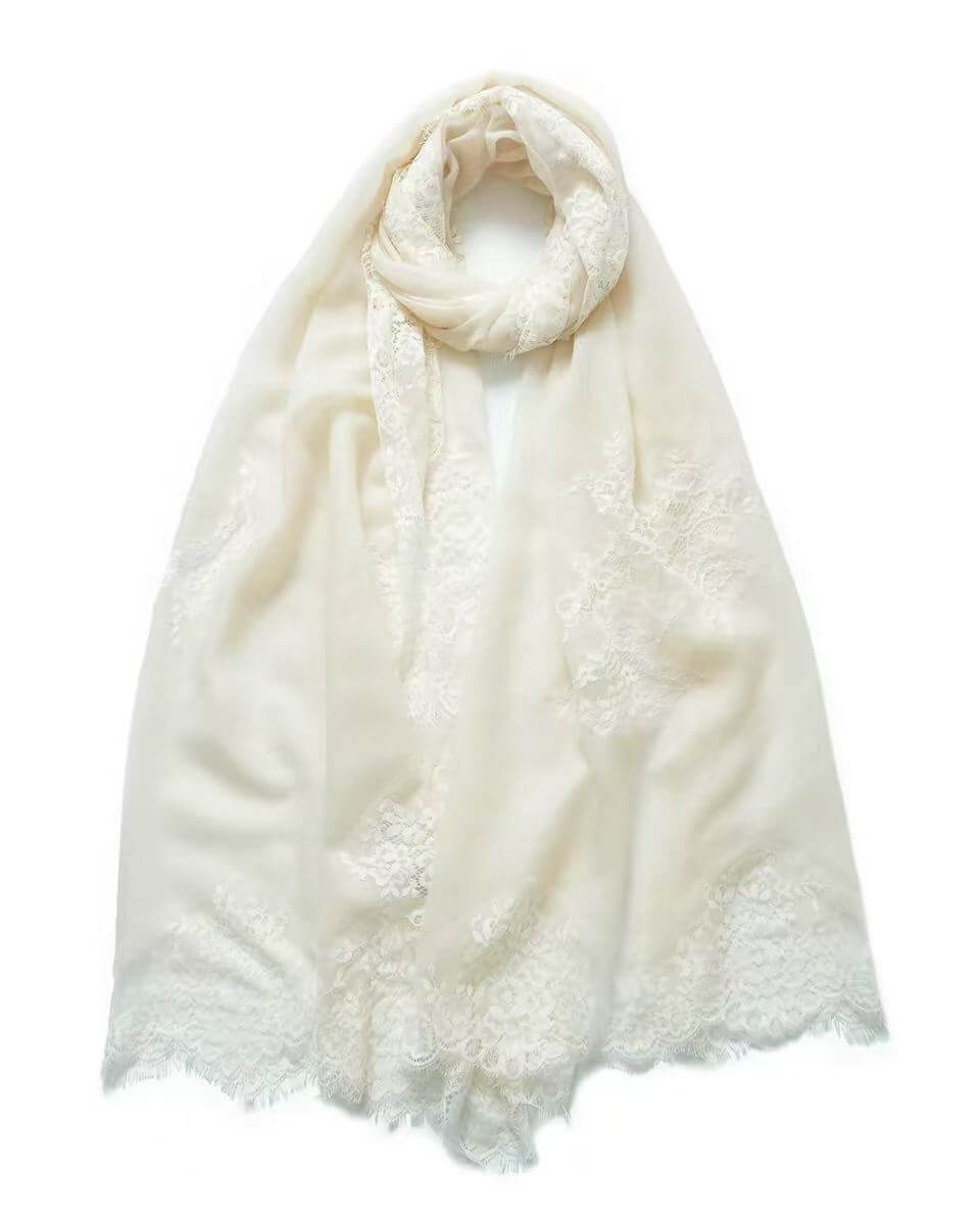 Ivory 100% cashmere bridal shawl with handmade lace edging for elegant wedding ceremonies