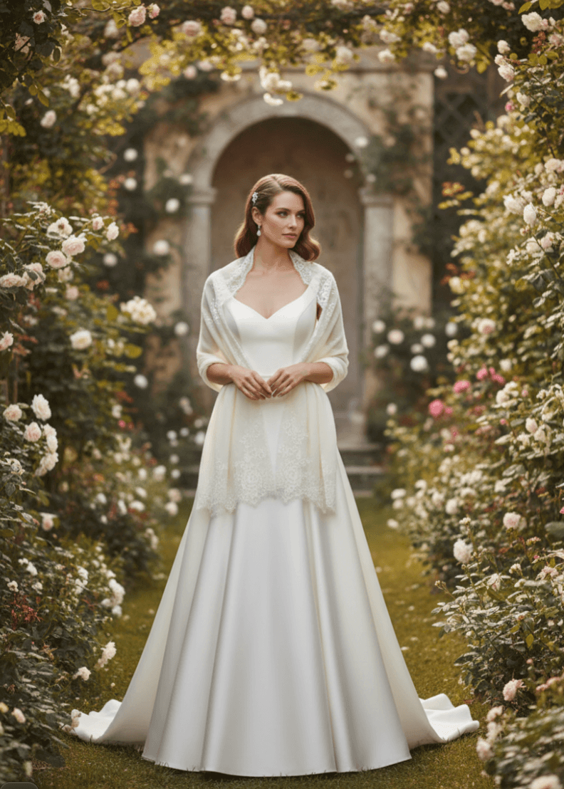 Hand-sewn lace edge cashmere wrap made from pure Mongolian cashmere for bridal gowns